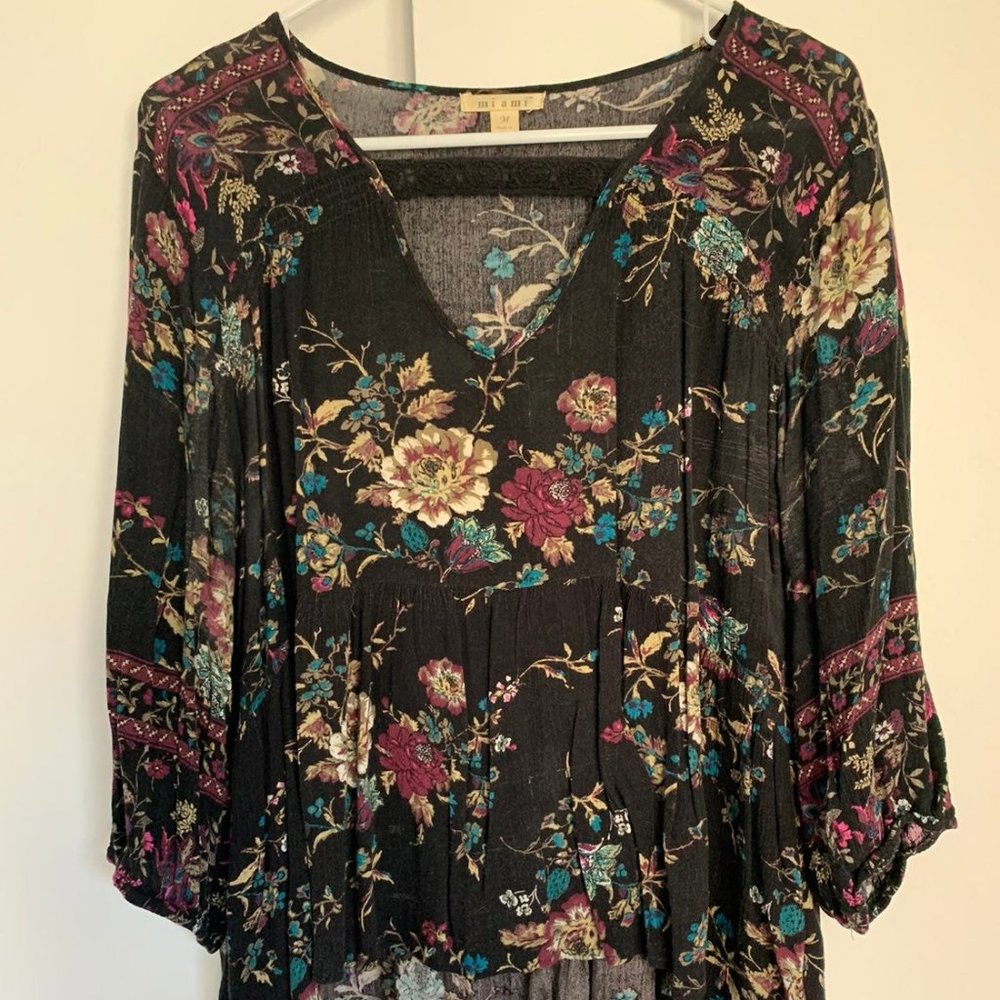 Miami Black Floral Boho Shirt - M